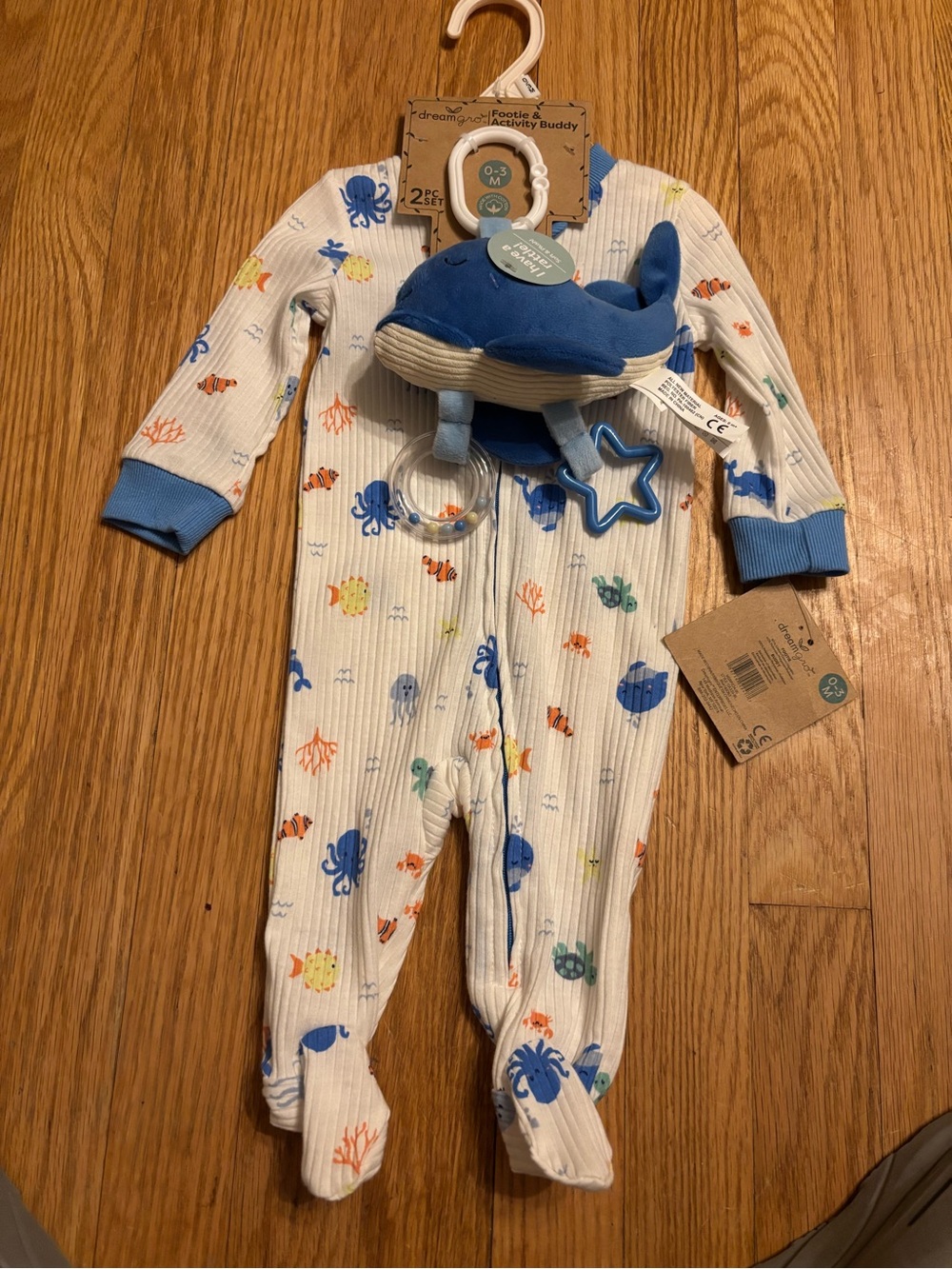 Blue Ocean Print Baby One-Piece with Whale Rattle